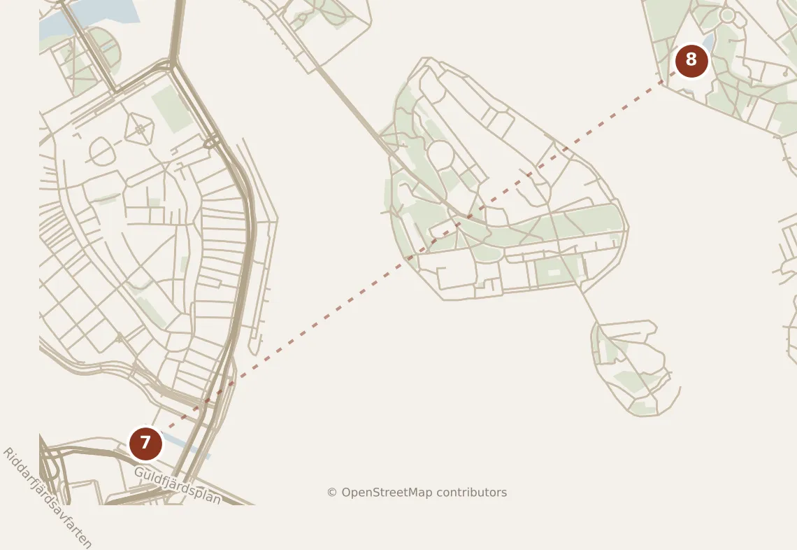 Map of Stockholm, afternoon: stops 7–8, numbered in walking order.