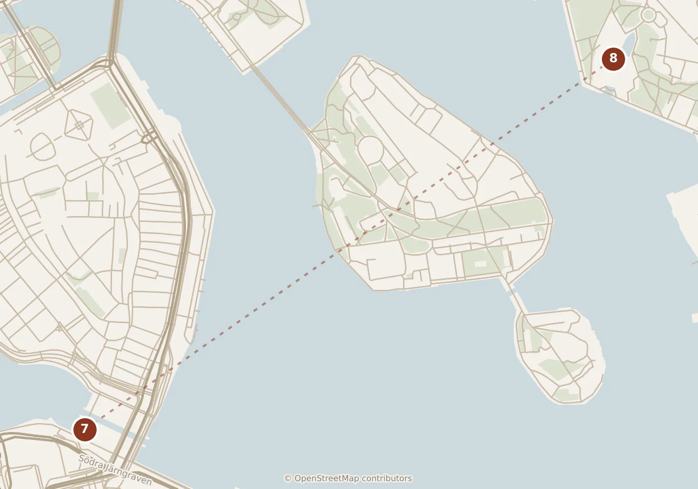 Map of Stockholm, afternoon: stops 7–8, numbered in walking order.