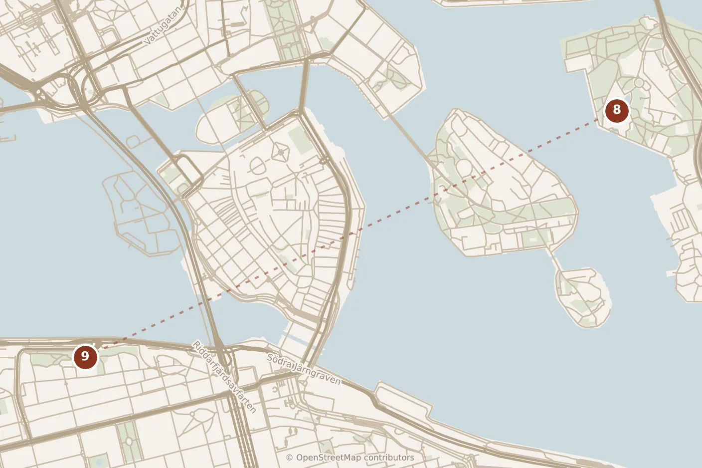 Map of Stockholm, evening: stop 9, numbered in walking order.