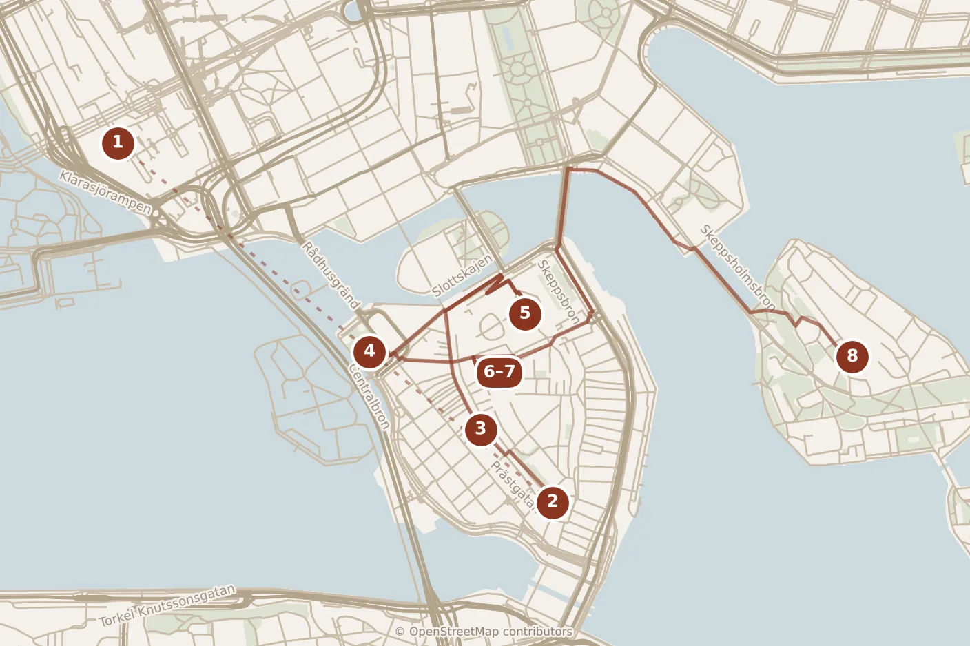 Map of Stockholm, day one: stops 1–8, numbered in walking order.