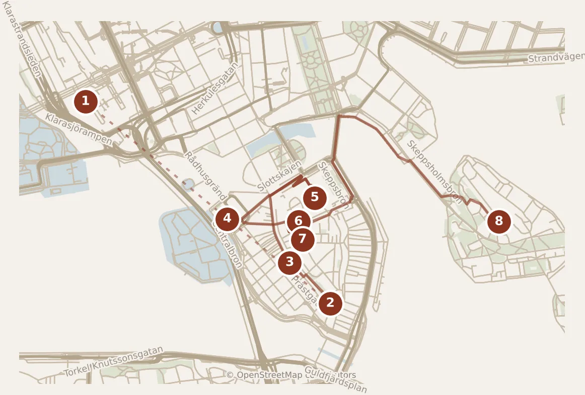 Map of Stockholm, day one: stops 1–8, numbered in walking order.
