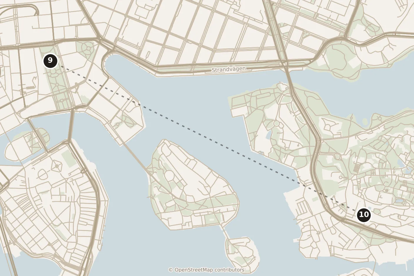 Map of Stockholm, morning: stops 9–10, numbered in walking order.