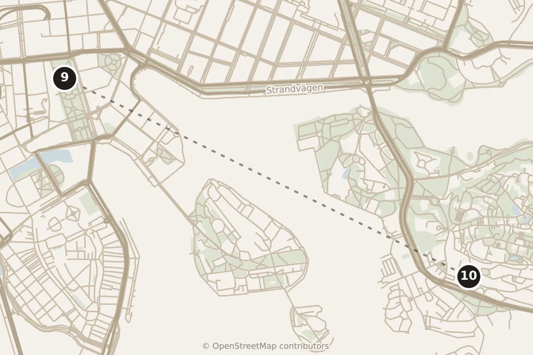 Map of Stockholm, morning: stops 9–10, numbered in walking order.