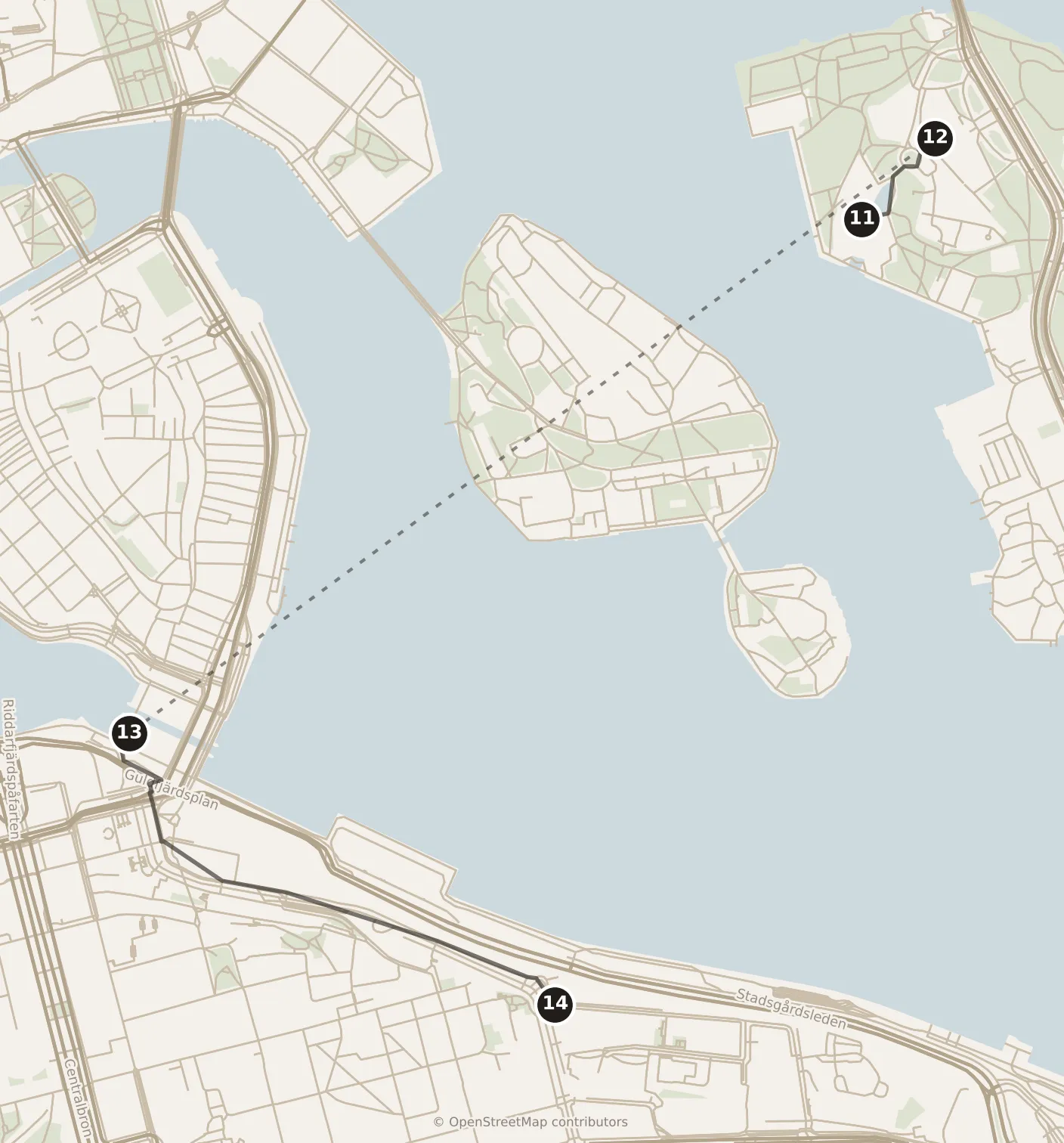 Map of Stockholm, afternoon and evening: stops 11–14, numbered in walking order.