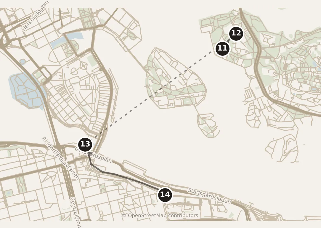 Map of Stockholm, afternoon and evening: stops 11–14, numbered in walking order.