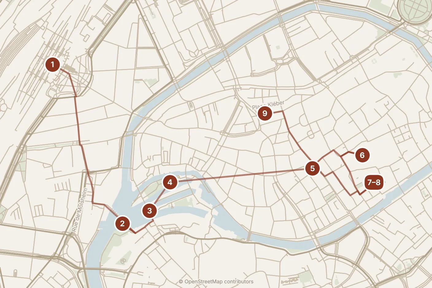 Map of Strasbourg, the day: stops 1–9, numbered in walking order.