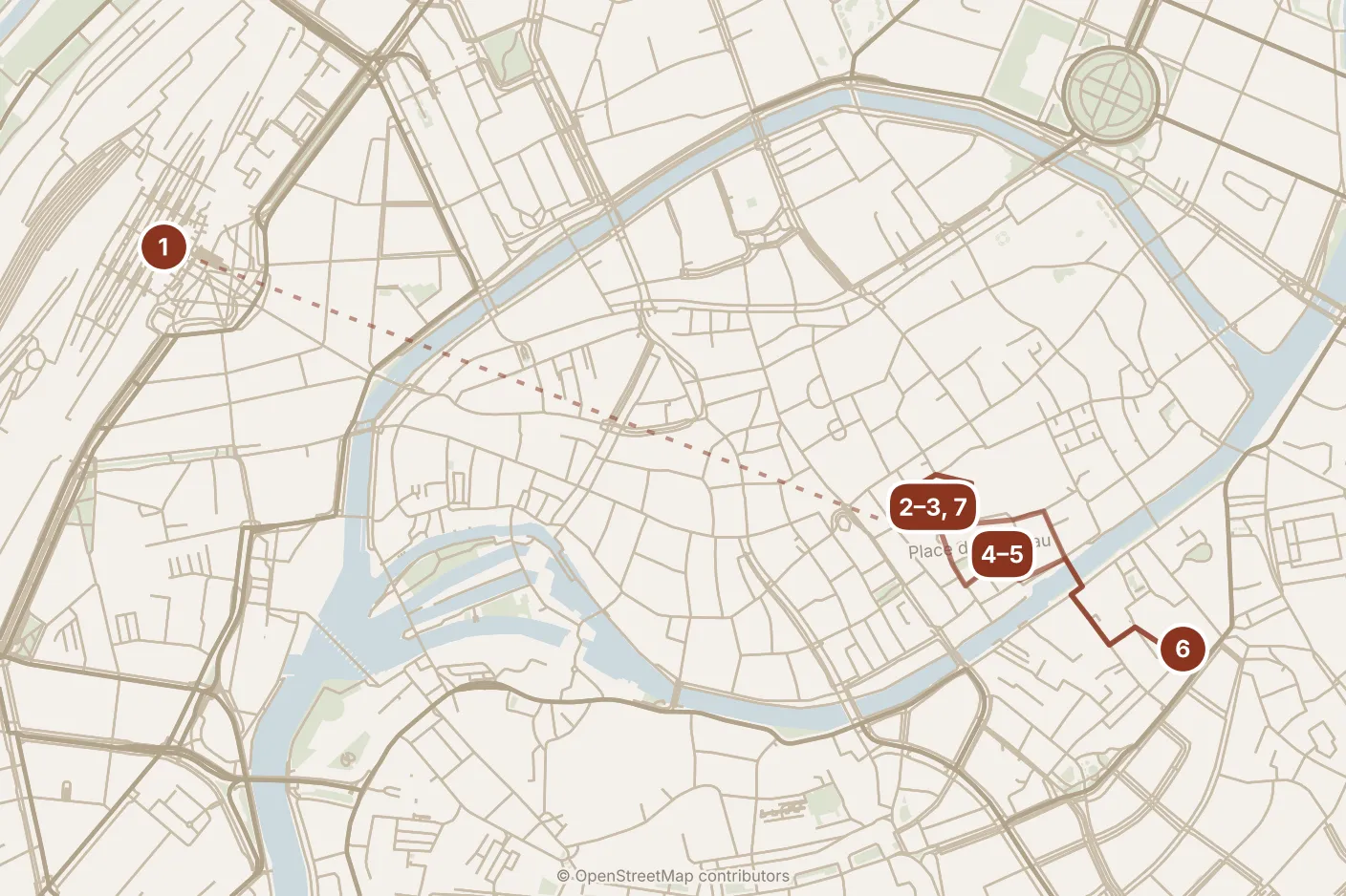 Map of Strasbourg, day one: stops 1–7, numbered in walking order.
