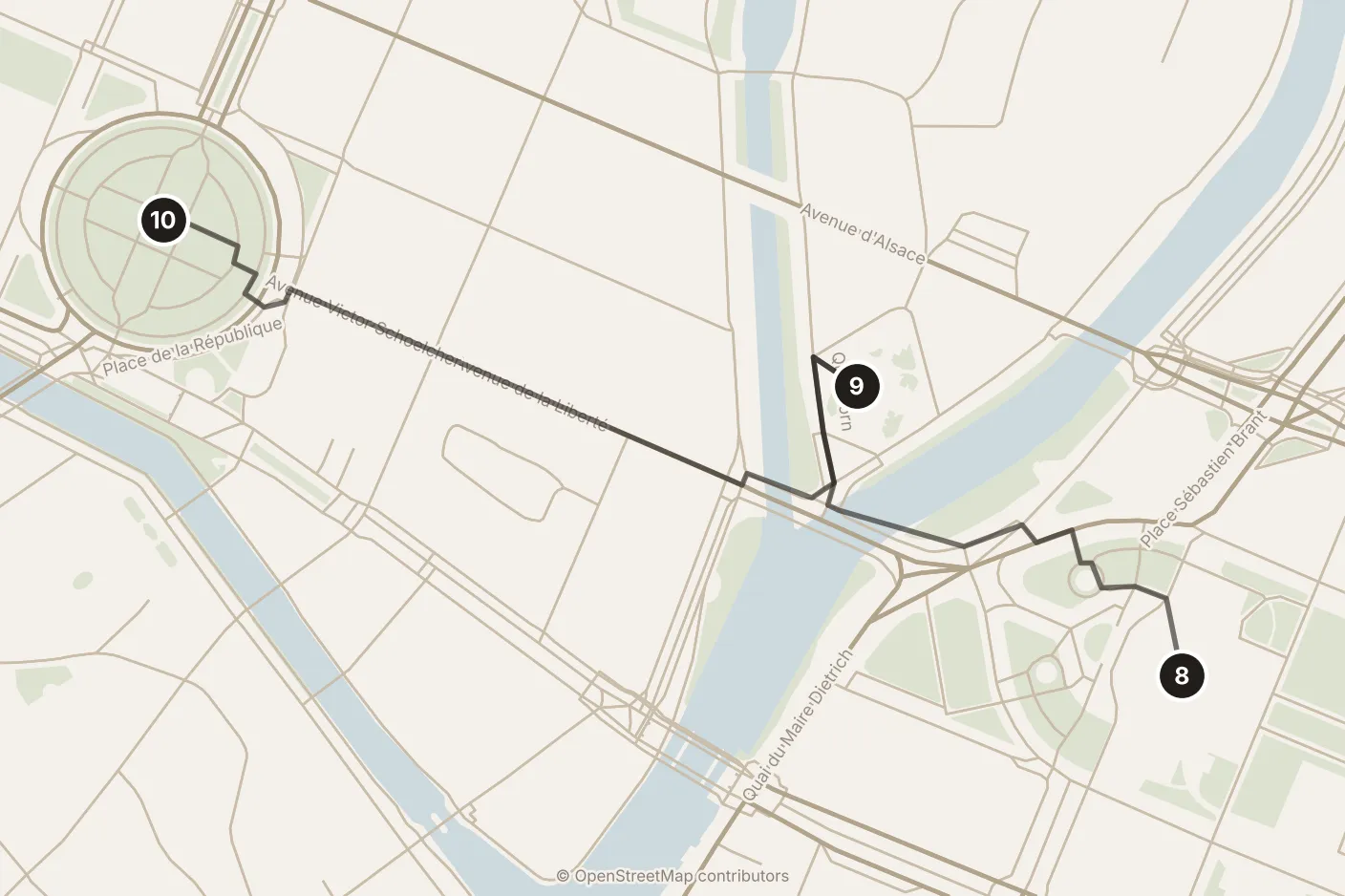 Map of Strasbourg, morning: stops 8–10, numbered in walking order.