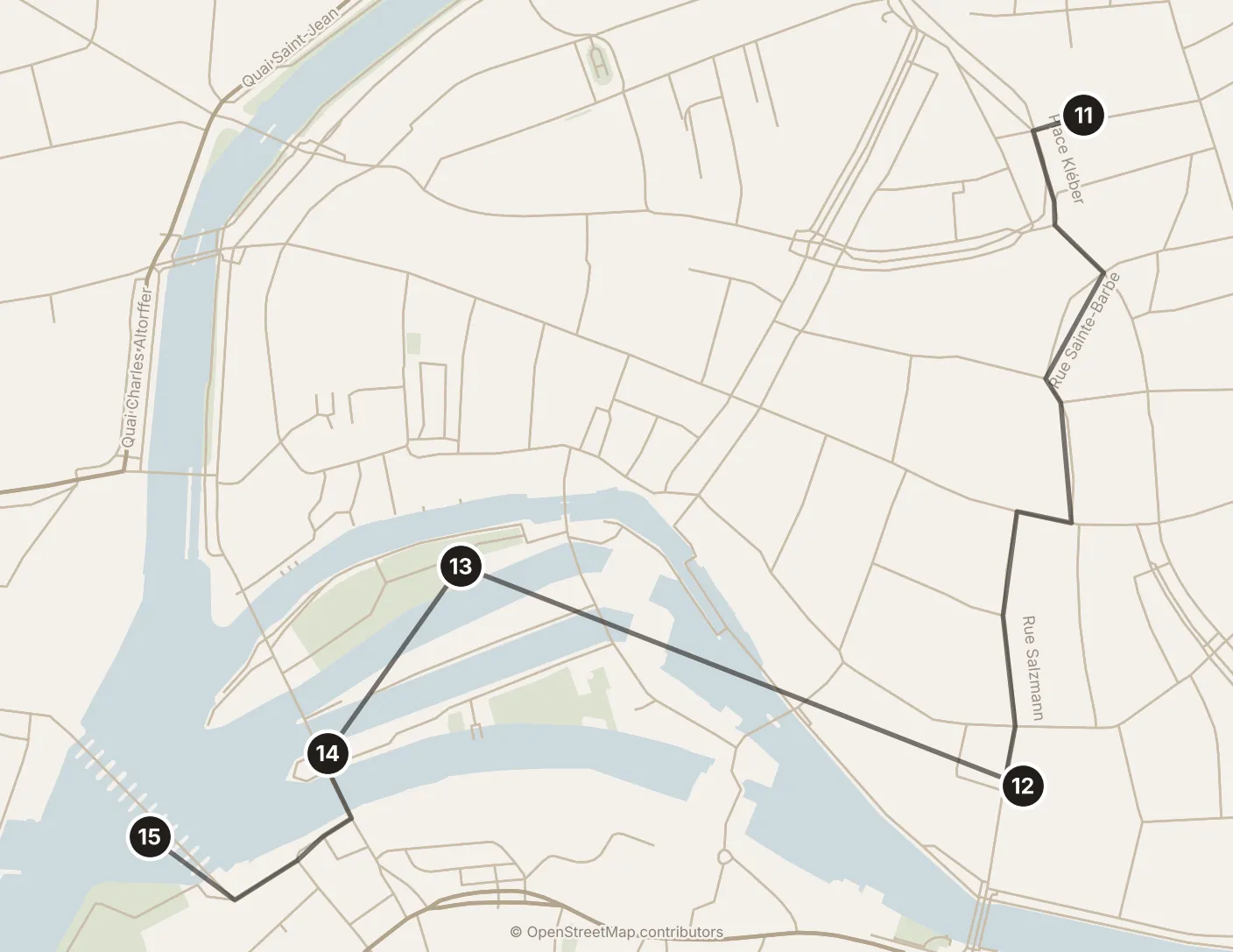 Map of Strasbourg, afternoon: stops 11–15, numbered in walking order.