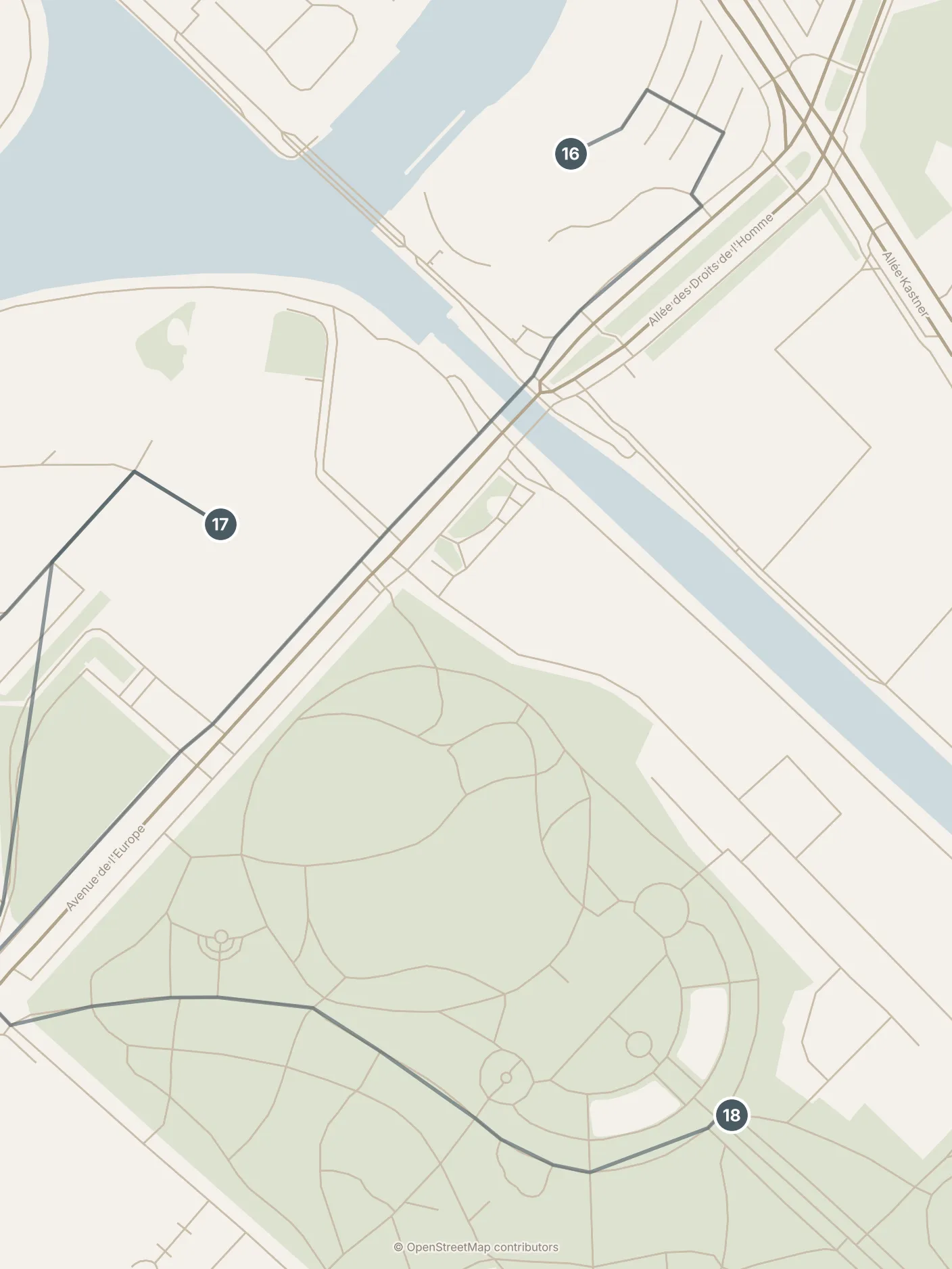 Map of Strasbourg, with a third day · stops 16–18: stops 16–18, numbered in walking order.