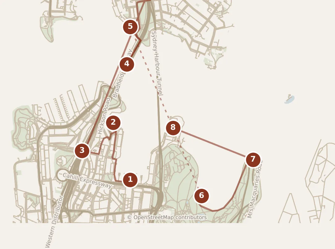 Map of Sydney, morning and afternoon: stops 1–8, numbered in walking order.