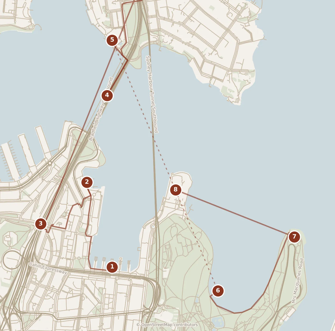 Map of Sydney, morning and afternoon: stops 1–8, numbered in walking order.