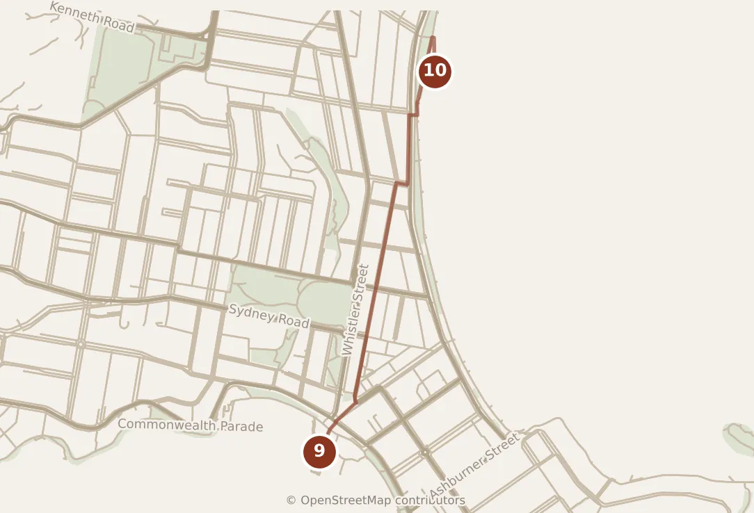Map of Sydney, evening: stops 9–10, numbered in walking order.