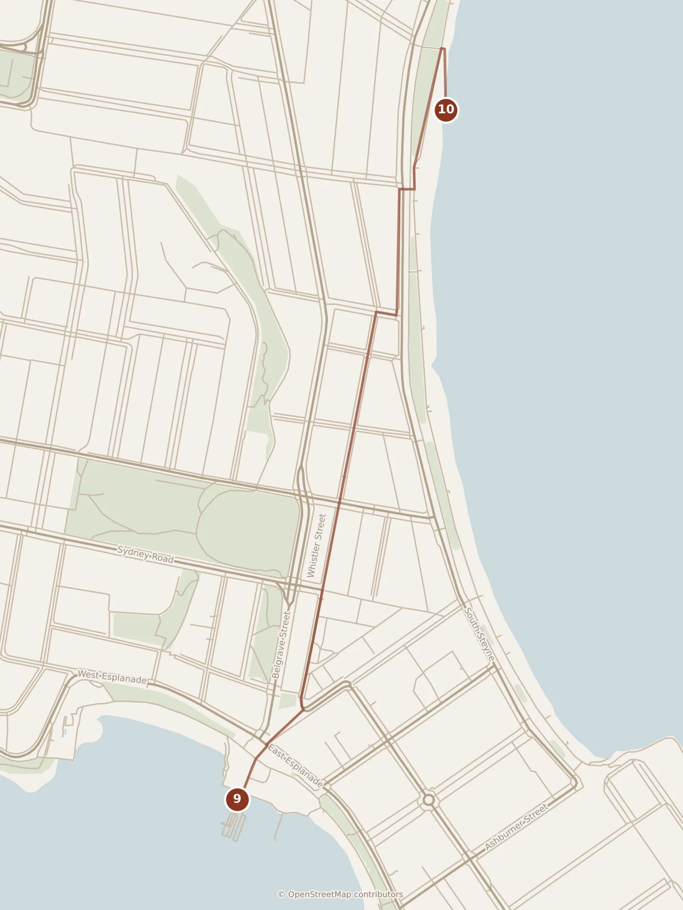 Map of Sydney, evening: stops 9–10, numbered in walking order.