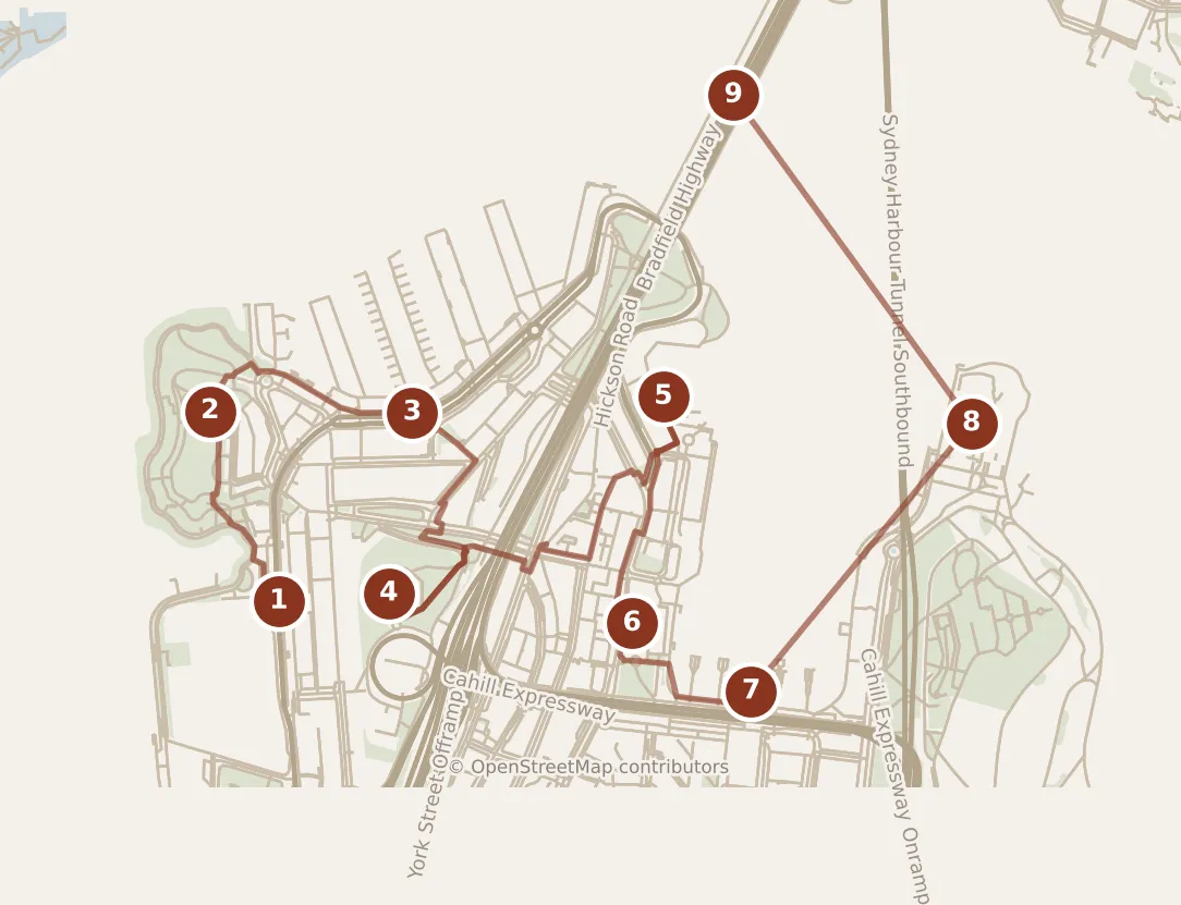 Map of Sydney, day one: stops 1–9, numbered in walking order.