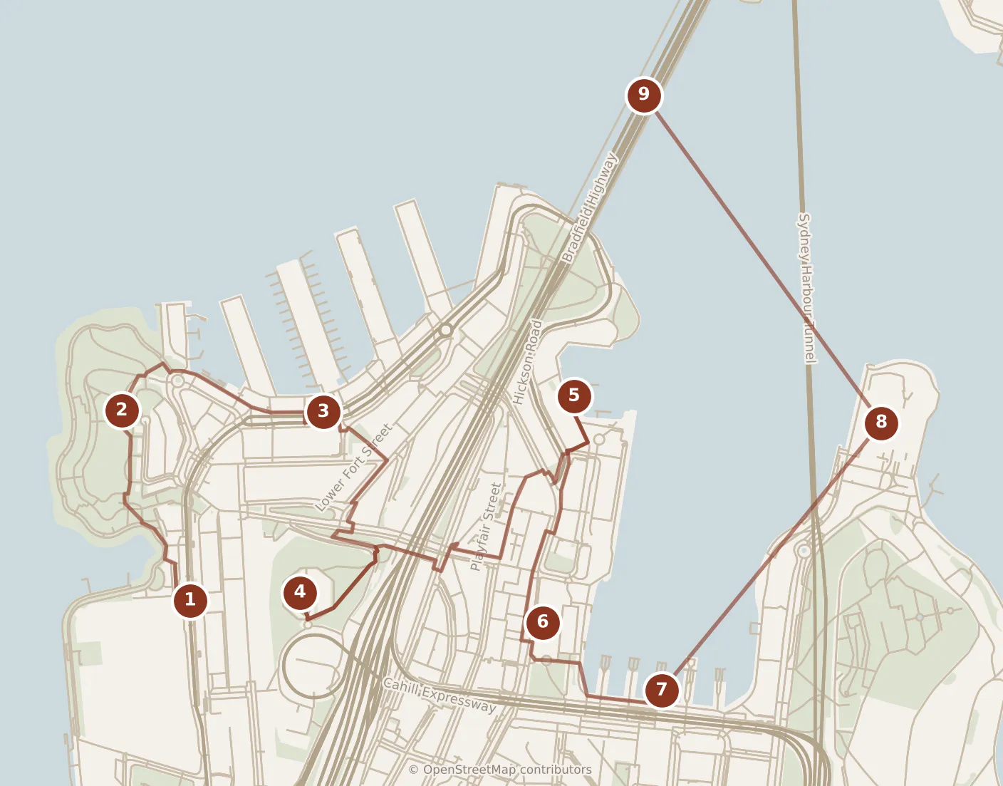 Map of Sydney, day one: stops 1–9, numbered in walking order.
