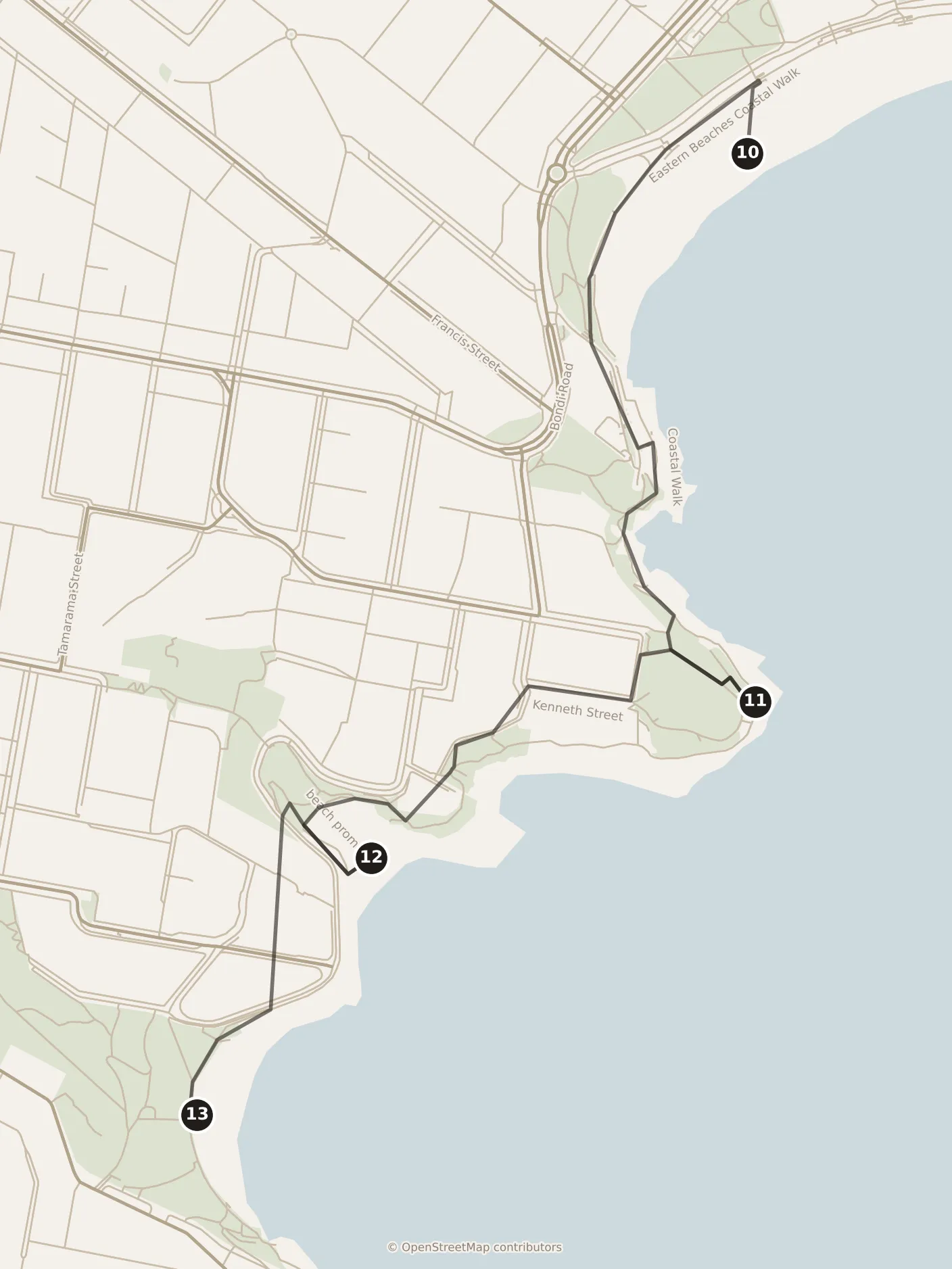 Map of Sydney, morning: stops 10–13, numbered in walking order.