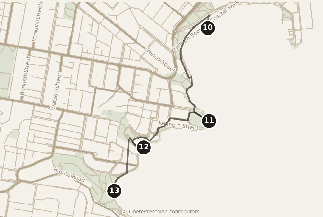 Map of Sydney, morning: stops 10–13, numbered in walking order.
