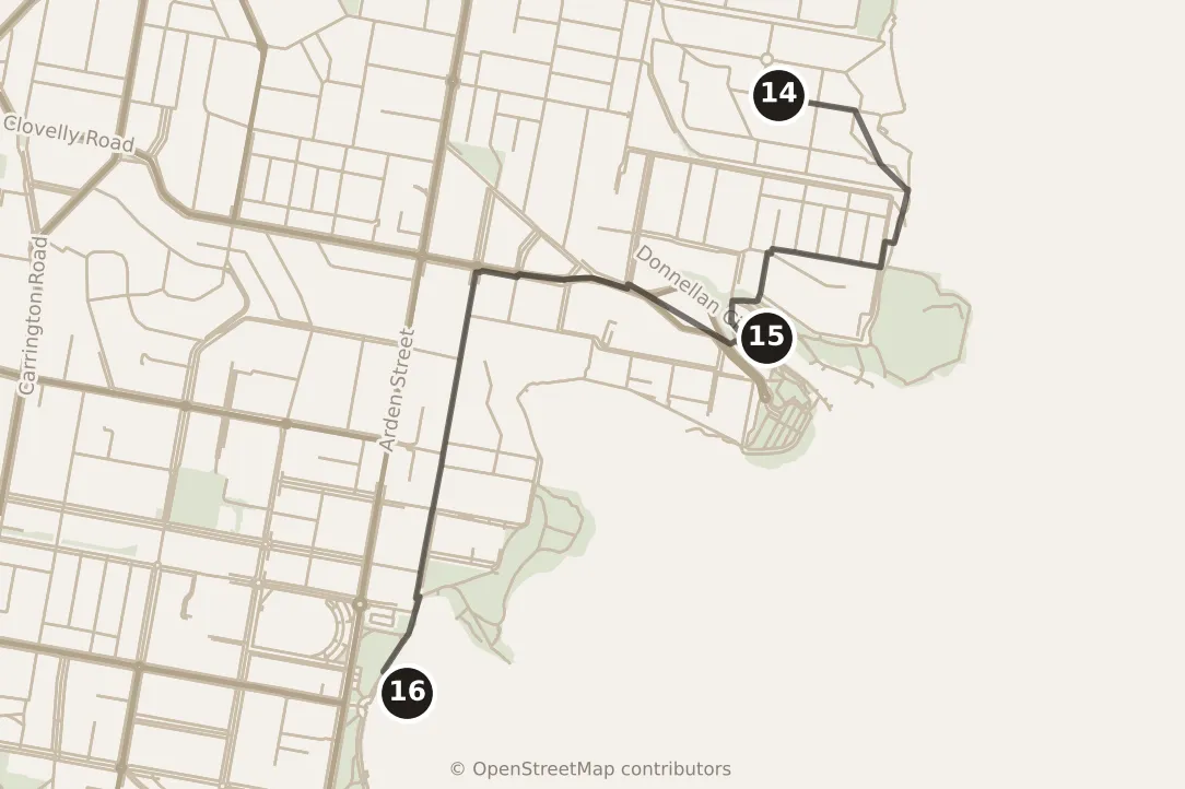 Map of Sydney, afternoon: stops 14–16, numbered in walking order.