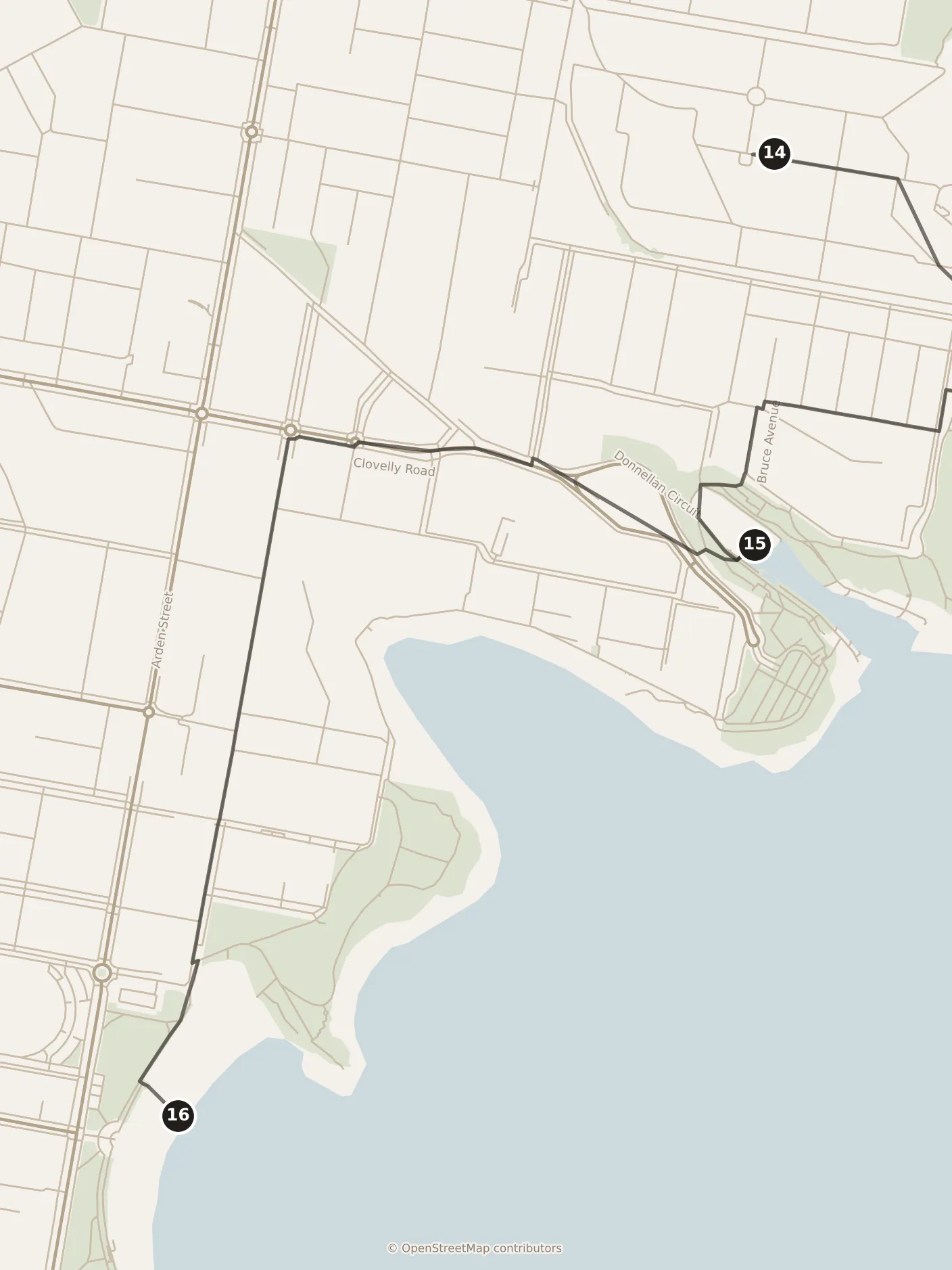 Map of Sydney, afternoon: stops 14–16, numbered in walking order.