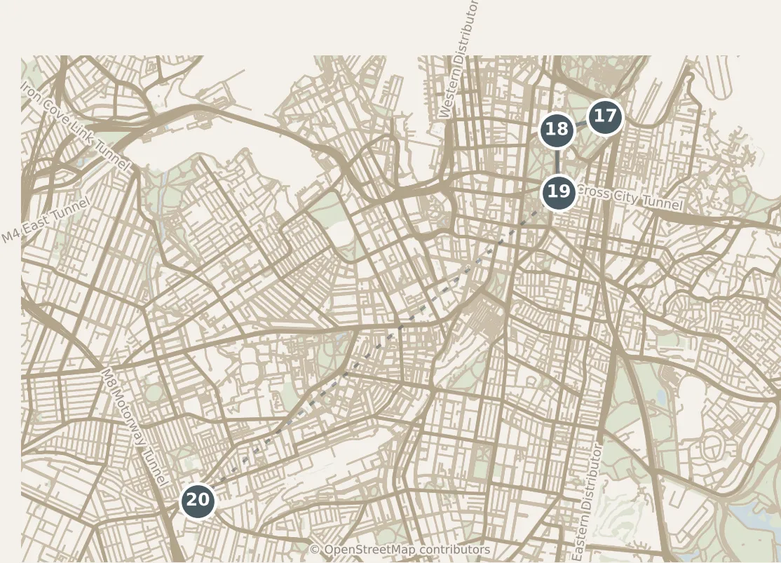 Map of Sydney, with a third day: stops 17–20, numbered in walking order.