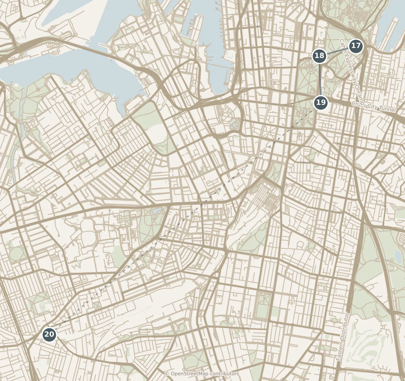 Map of Sydney, with a third day: stops 17–20, numbered in walking order.