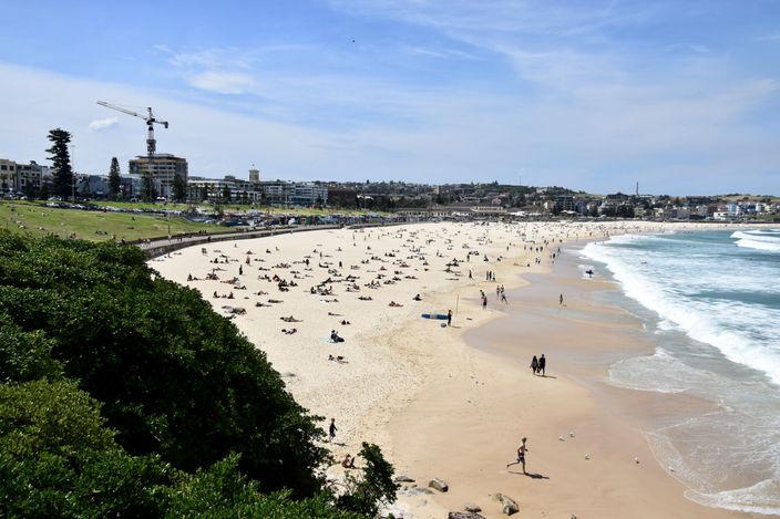 Bondi Beach: a wide golden crescent of sand curving to the headland, surf rolling in and the beachside suburb rising behind under a clear sky.