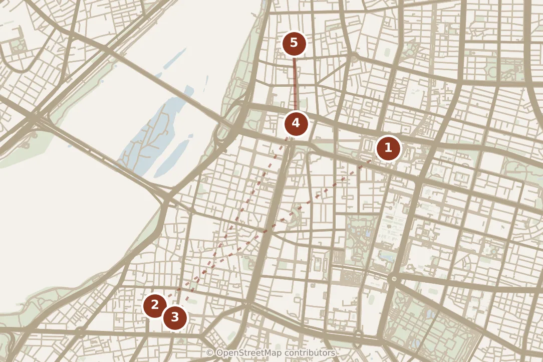 Map of Taipei, morning: stops 1–5, numbered in walking order.