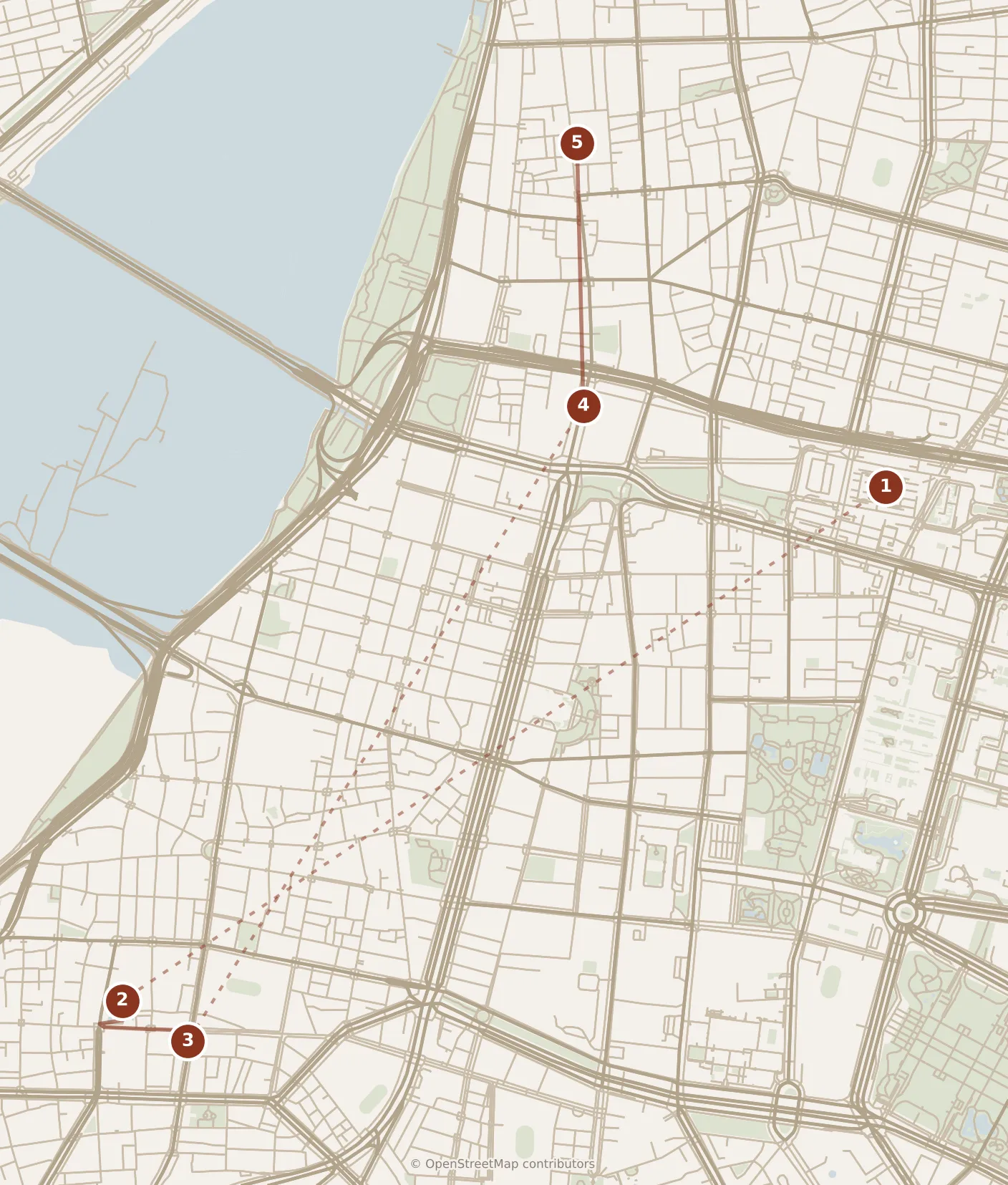 Map of Taipei, morning: stops 1–5, numbered in walking order.