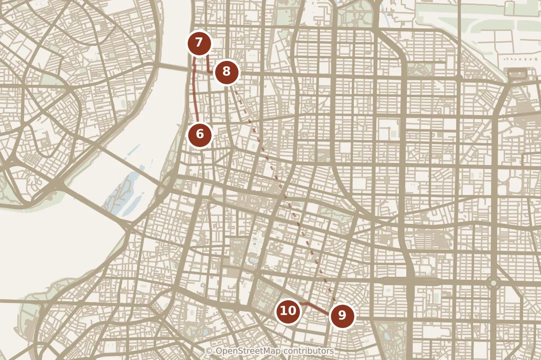 Map of Taipei, afternoon: stops 6–10, numbered in walking order.