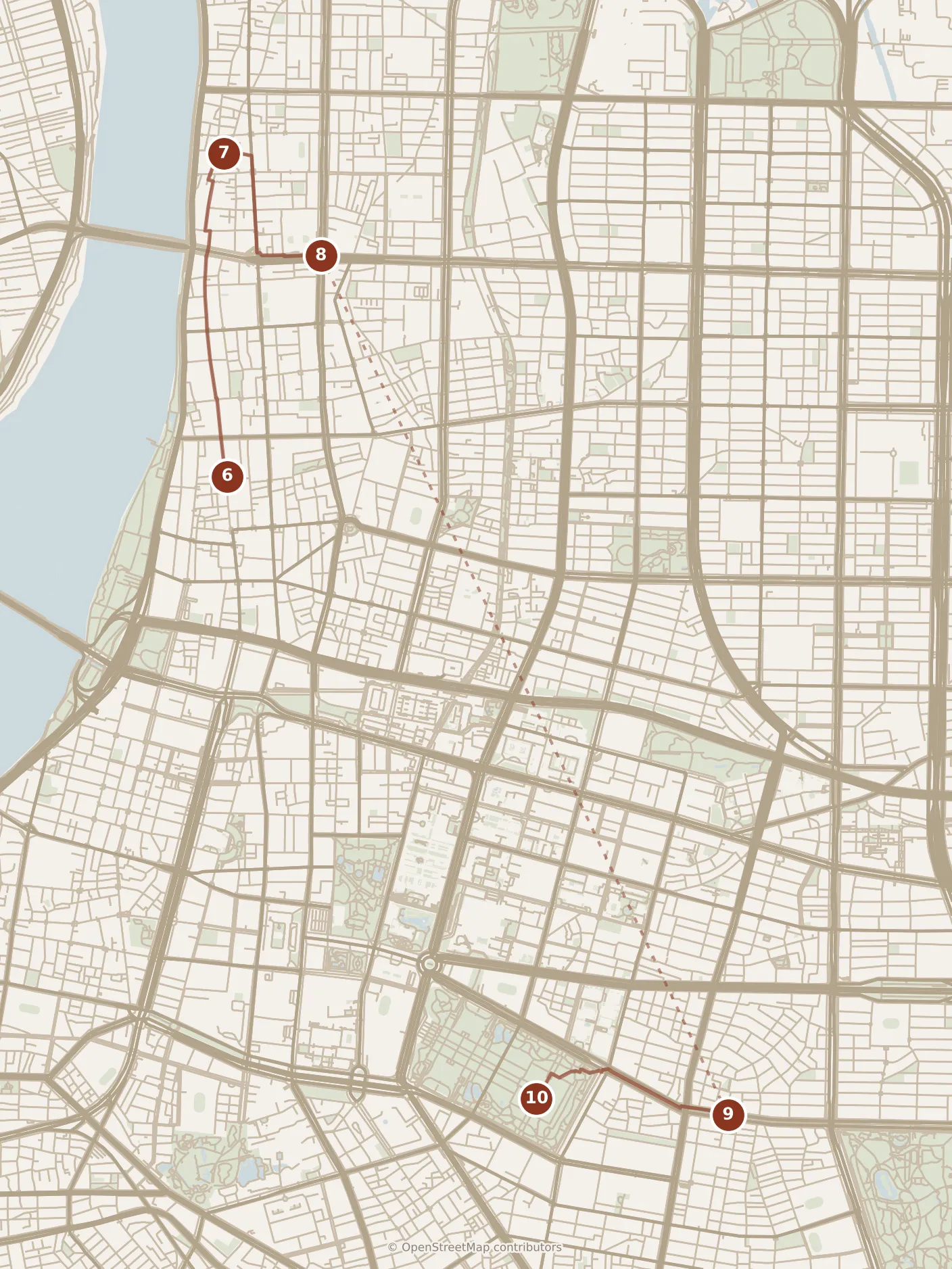 Map of Taipei, afternoon: stops 6–10, numbered in walking order.