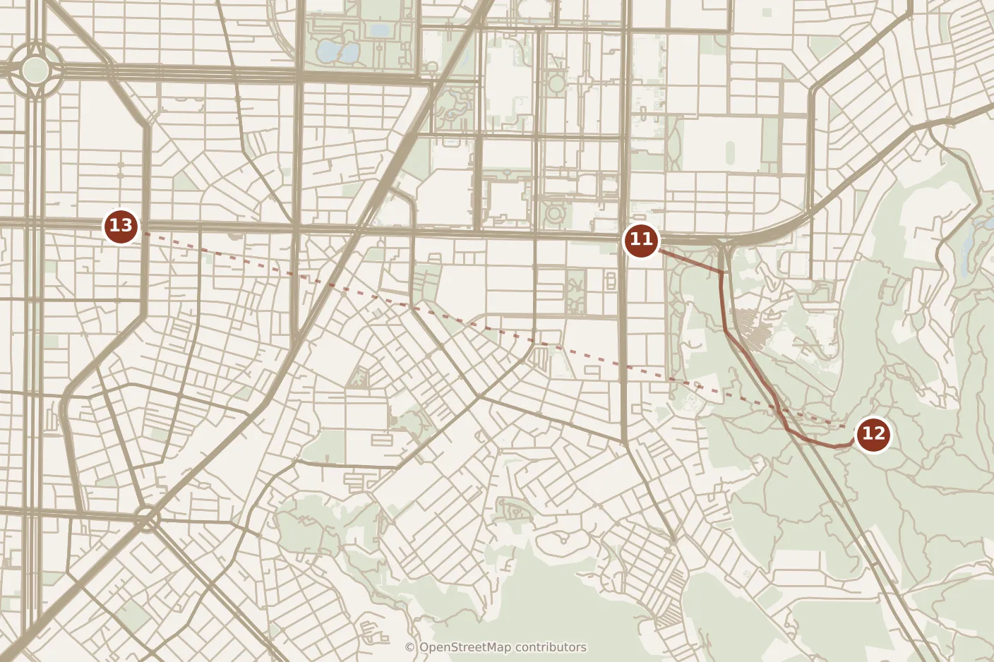 Map of Taipei, evening: stops 11–13, numbered in walking order.