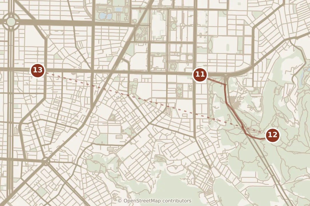 Map of Taipei, evening: stops 11–13, numbered in walking order.