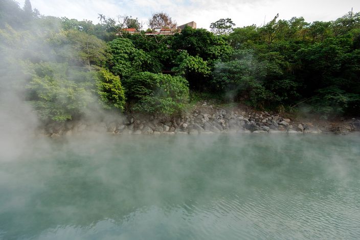 A pale milky-green pool giving off thick steam, banked by dark wet rocks with dense green forest rising behind on the far side.