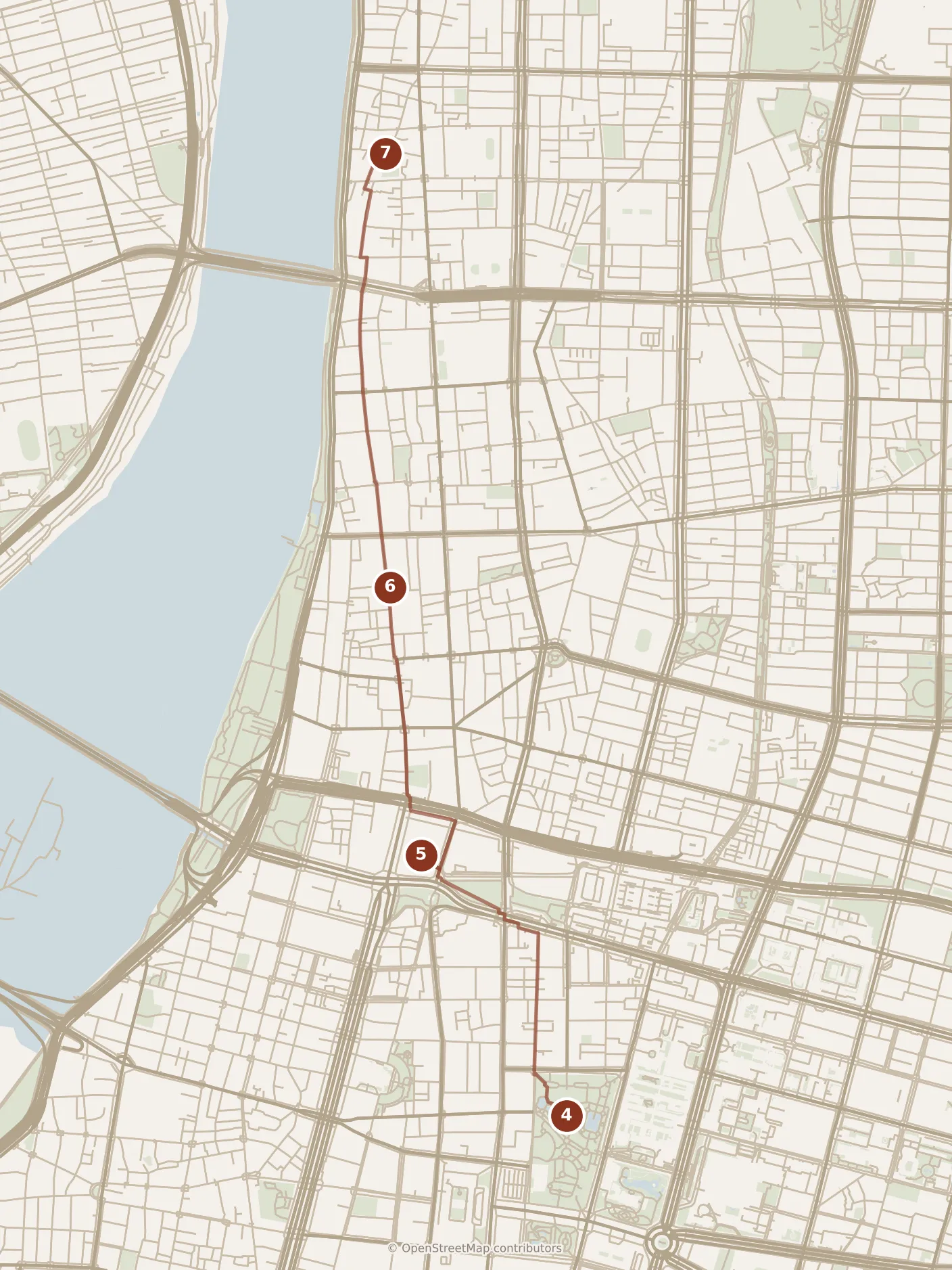 Map of Taipei, afternoon: stops 4–7, numbered in walking order.