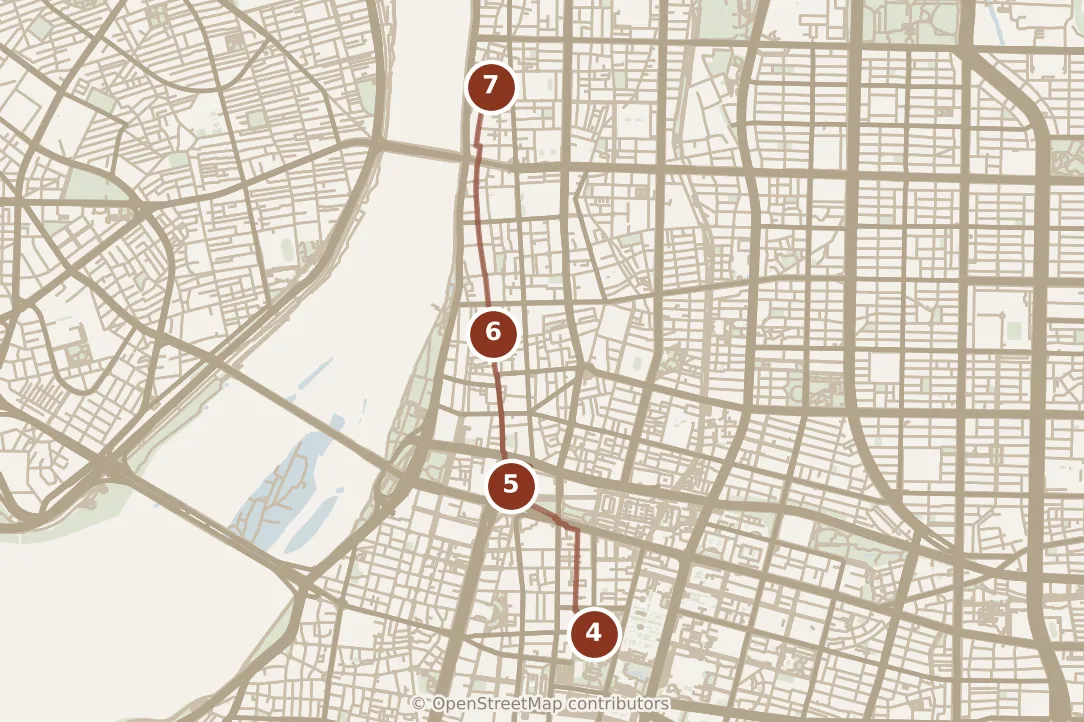 Map of Taipei, afternoon: stops 4–7, numbered in walking order.