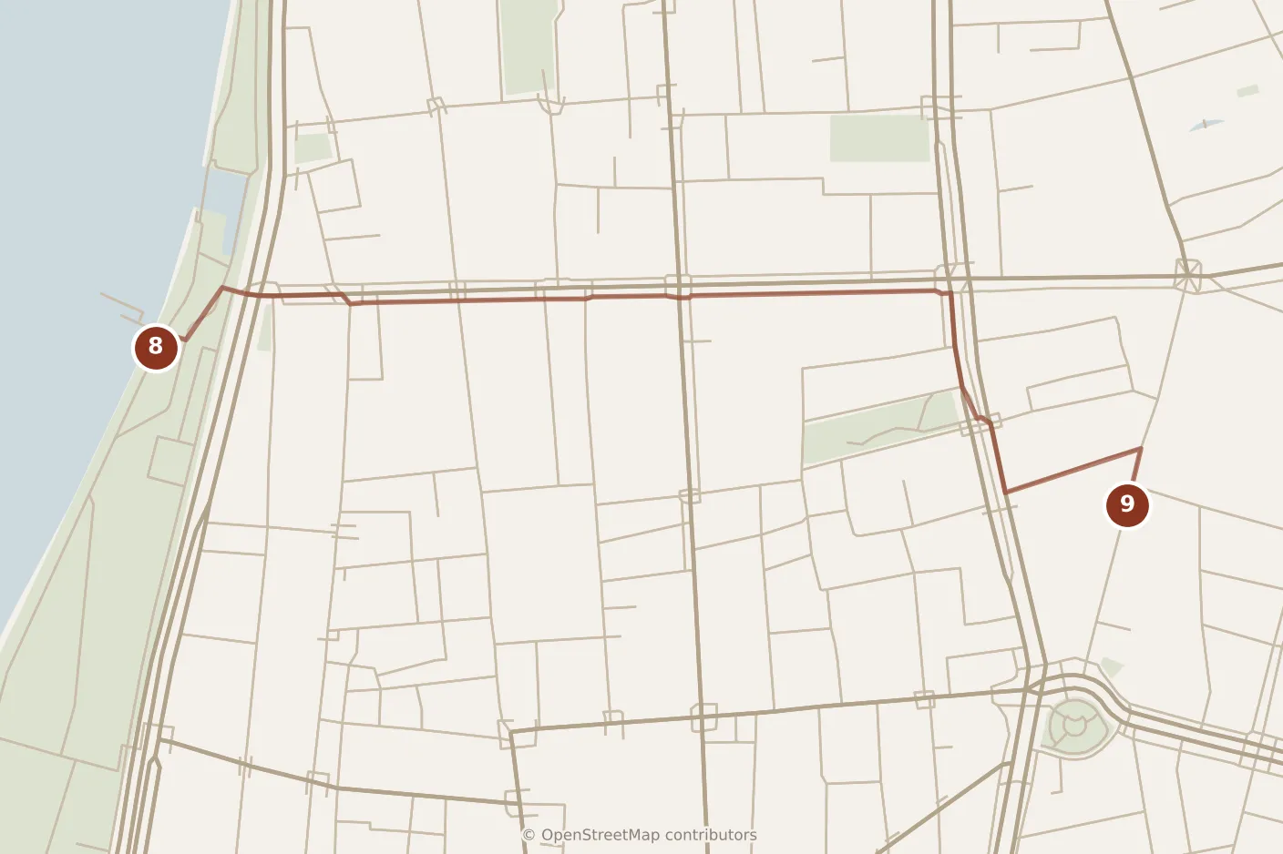Map of Taipei, evening: stops 8–9, numbered in walking order.