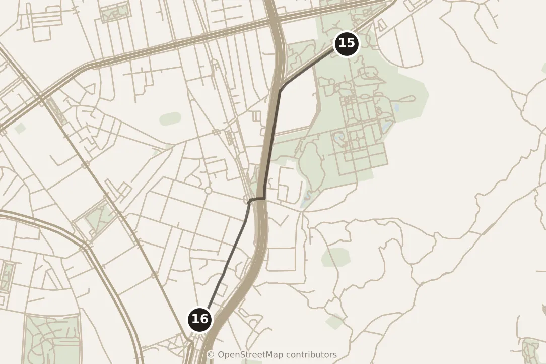 Map of Taipei, evening: stops 15–16, numbered in walking order.
