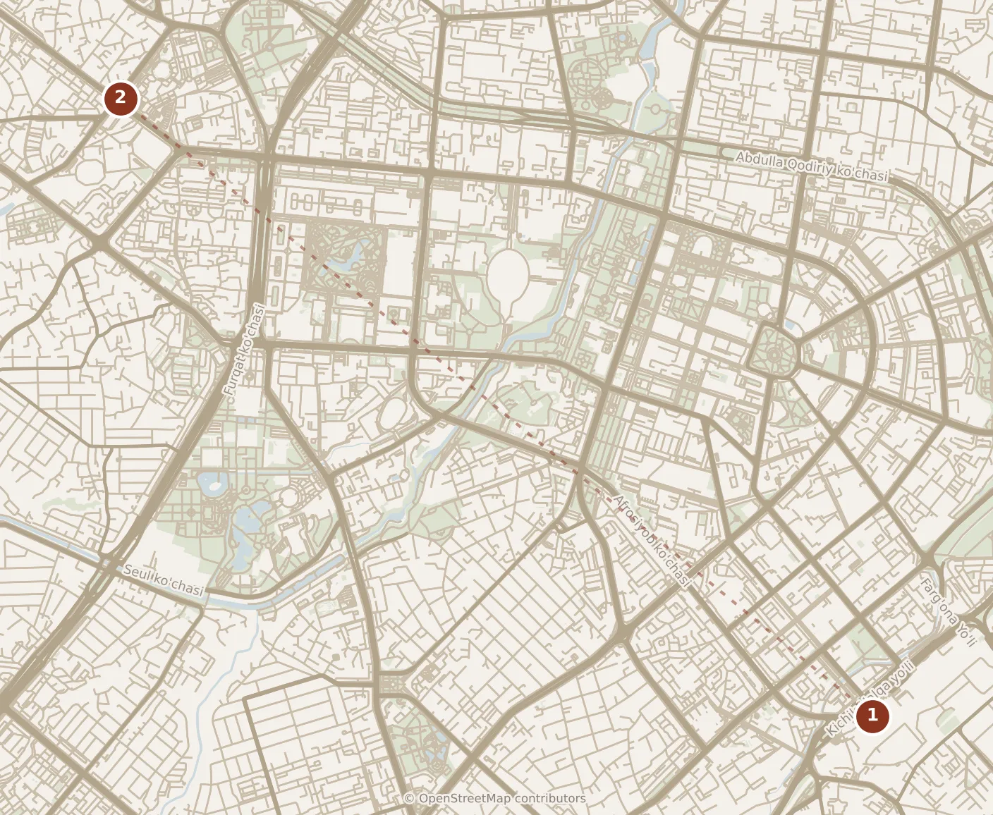 Map of Tashkent, morning: stop 1, numbered in walking order.