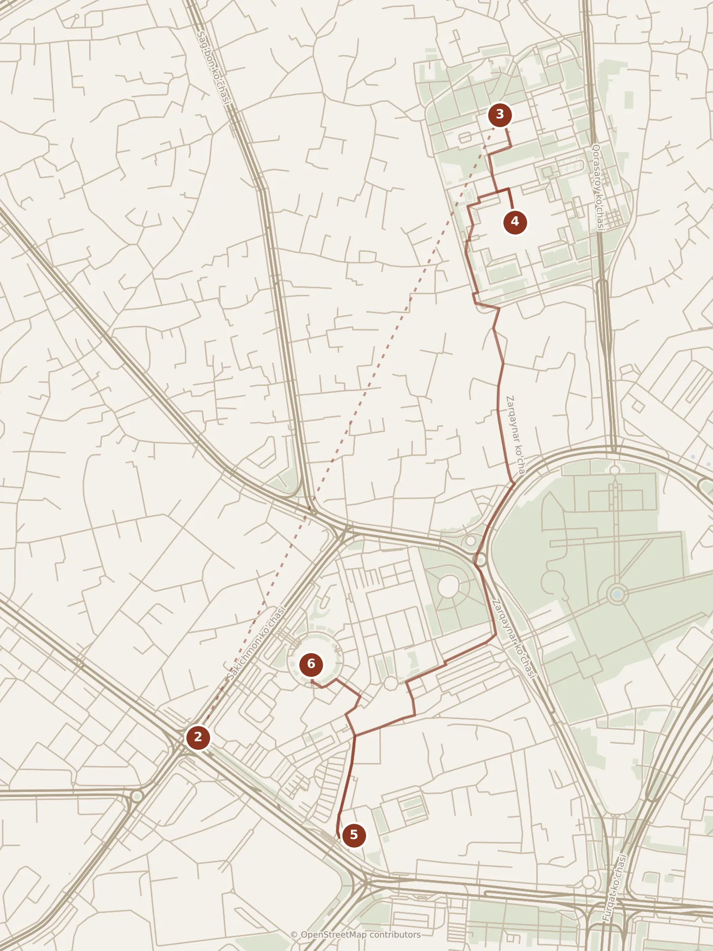 Map of Tashkent, morning: stops 2–6, numbered in walking order.