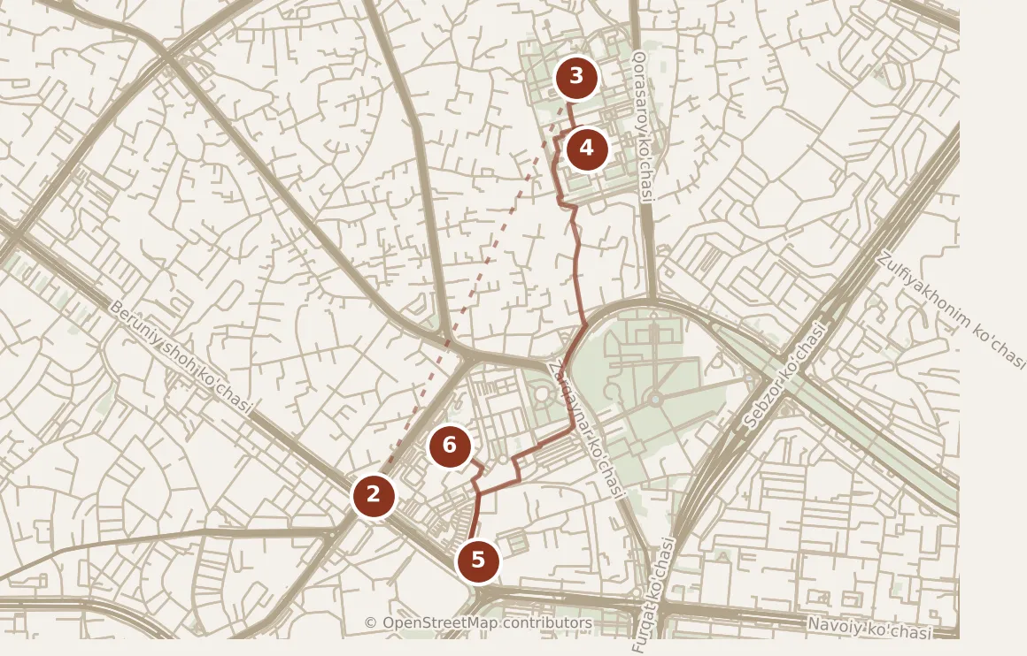 Map of Tashkent, morning: stops 2–6, numbered in walking order.
