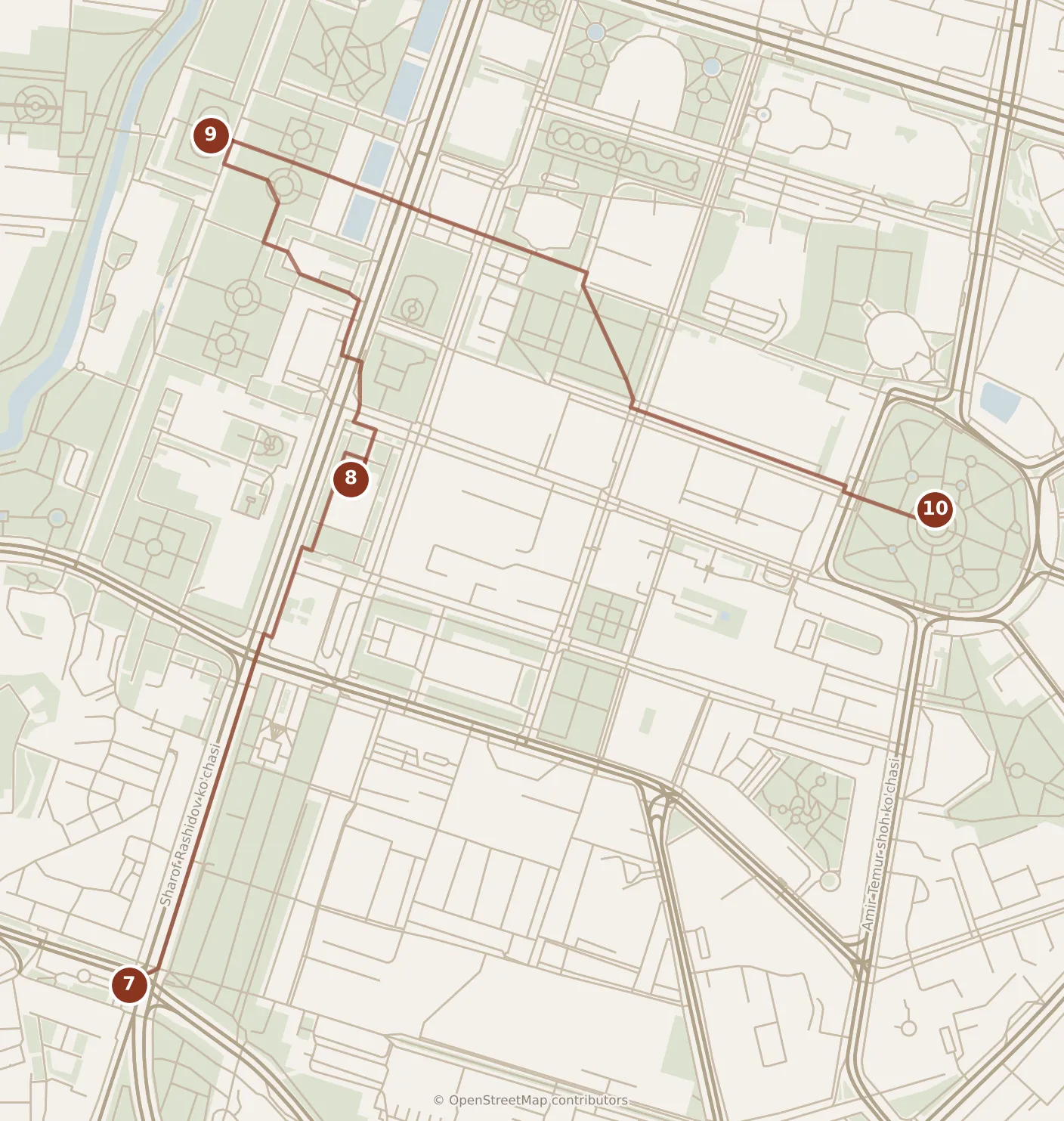 Map of Tashkent, afternoon and evening: stops 7–10, numbered in walking order.