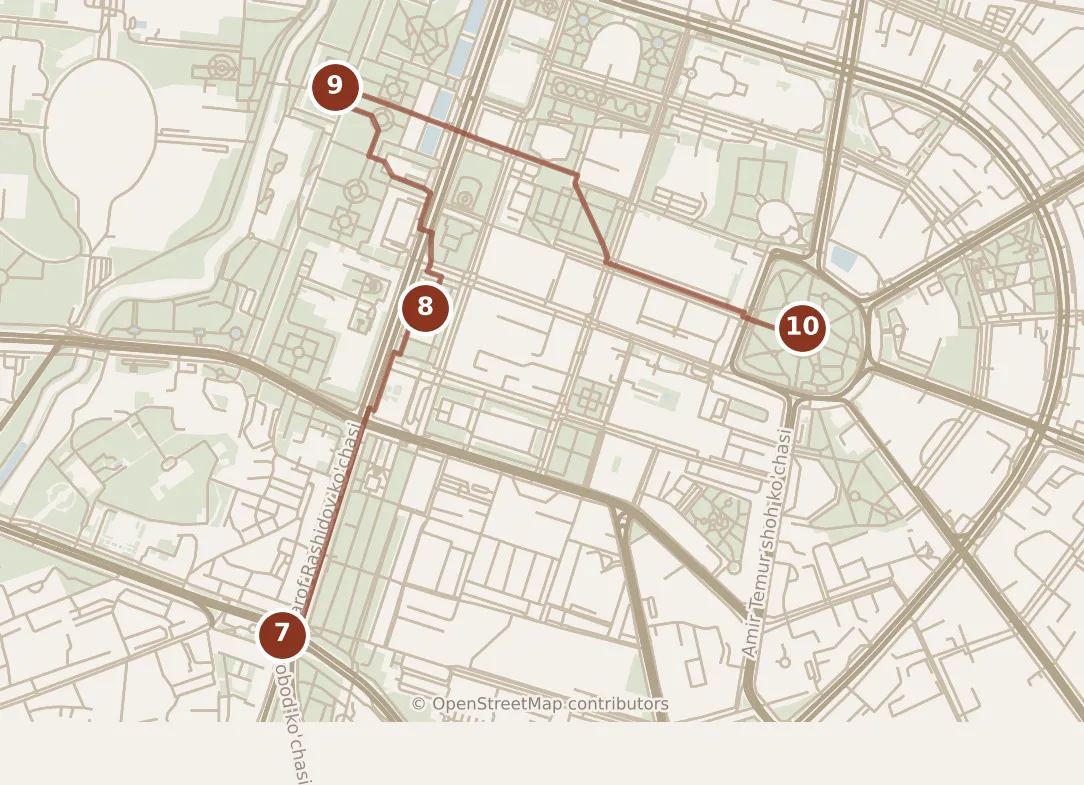 Map of Tashkent, afternoon and evening: stops 7–10, numbered in walking order.