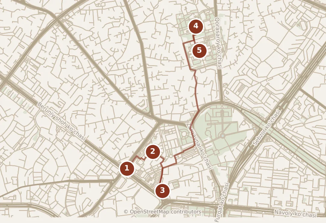 Map of Tashkent, morning and afternoon: stops 1–5, numbered in walking order.