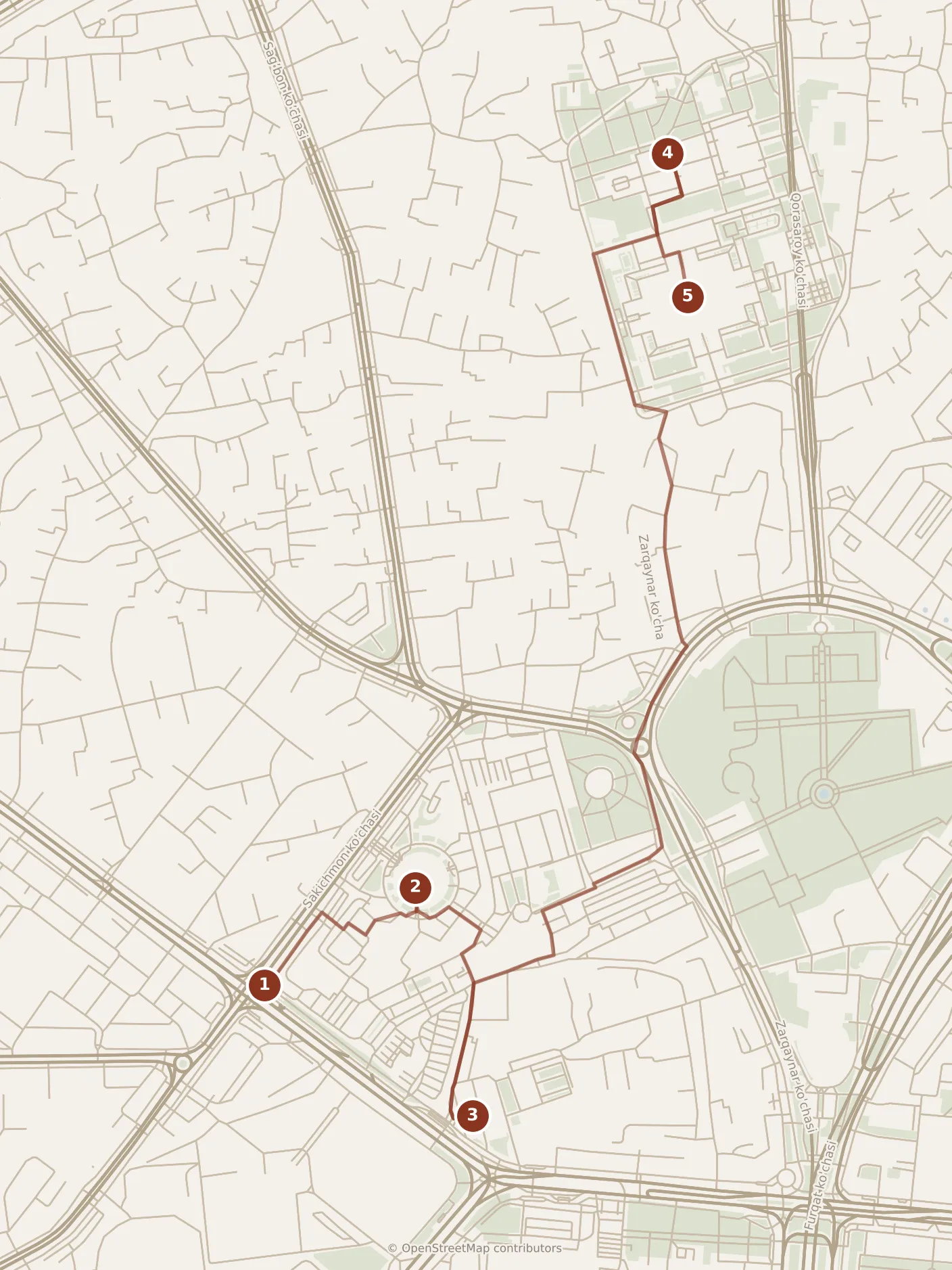Map of Tashkent, morning and afternoon: stops 1–5, numbered in walking order.