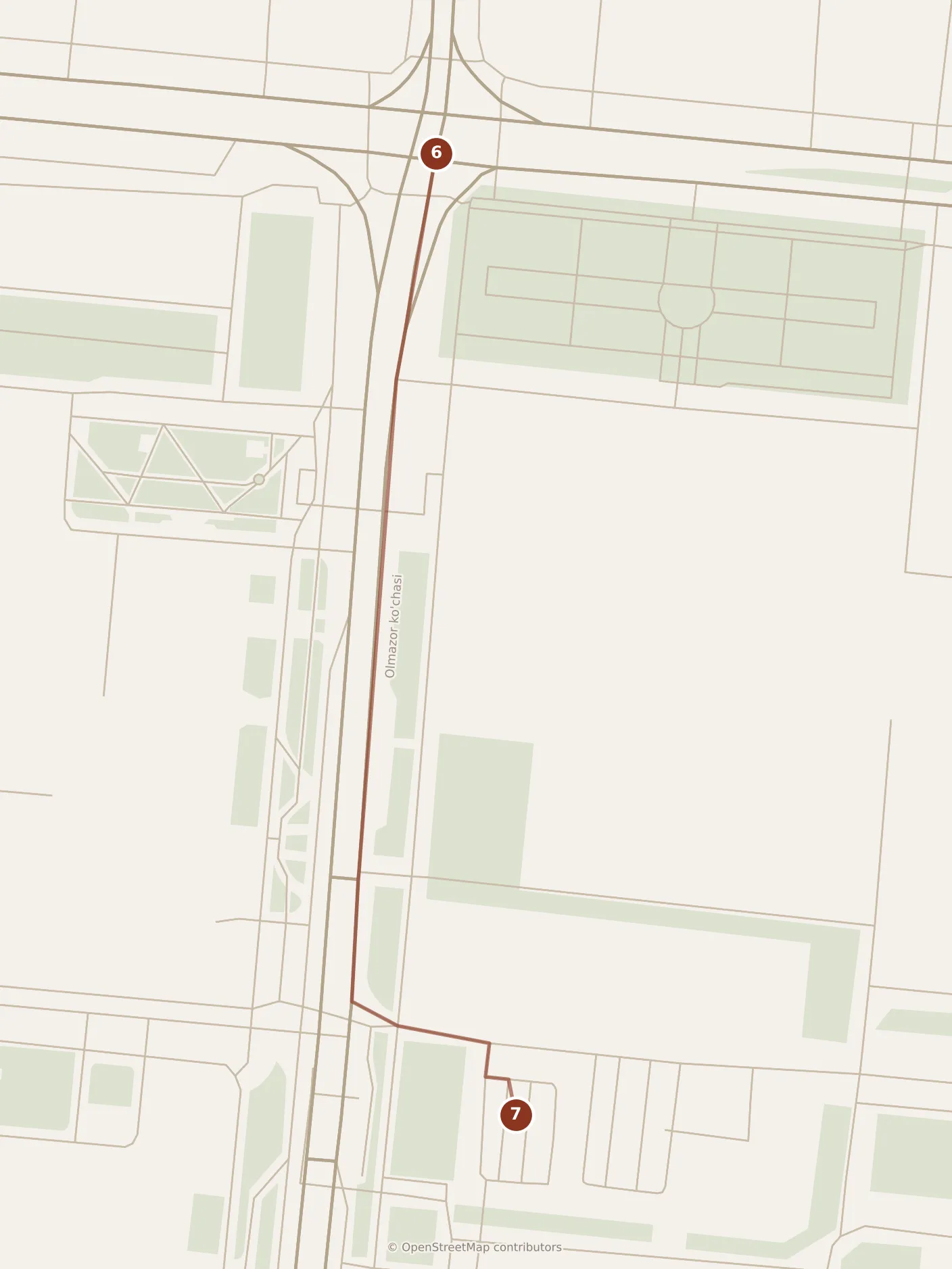 Map of Tashkent, evening: stops 6–7, numbered in walking order.