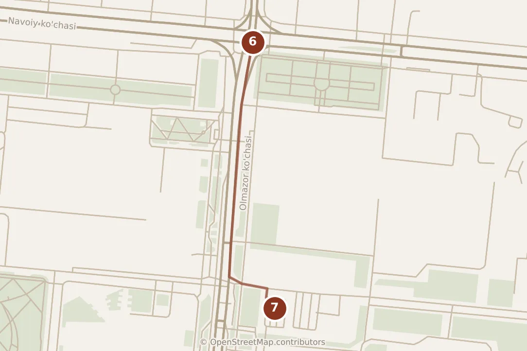 Map of Tashkent, evening: stops 6–7, numbered in walking order.