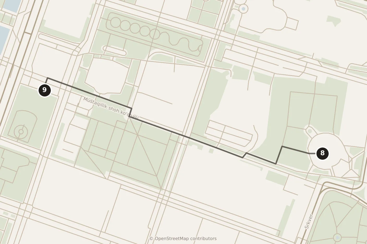 Map of Tashkent, morning: stop 8, numbered in walking order.