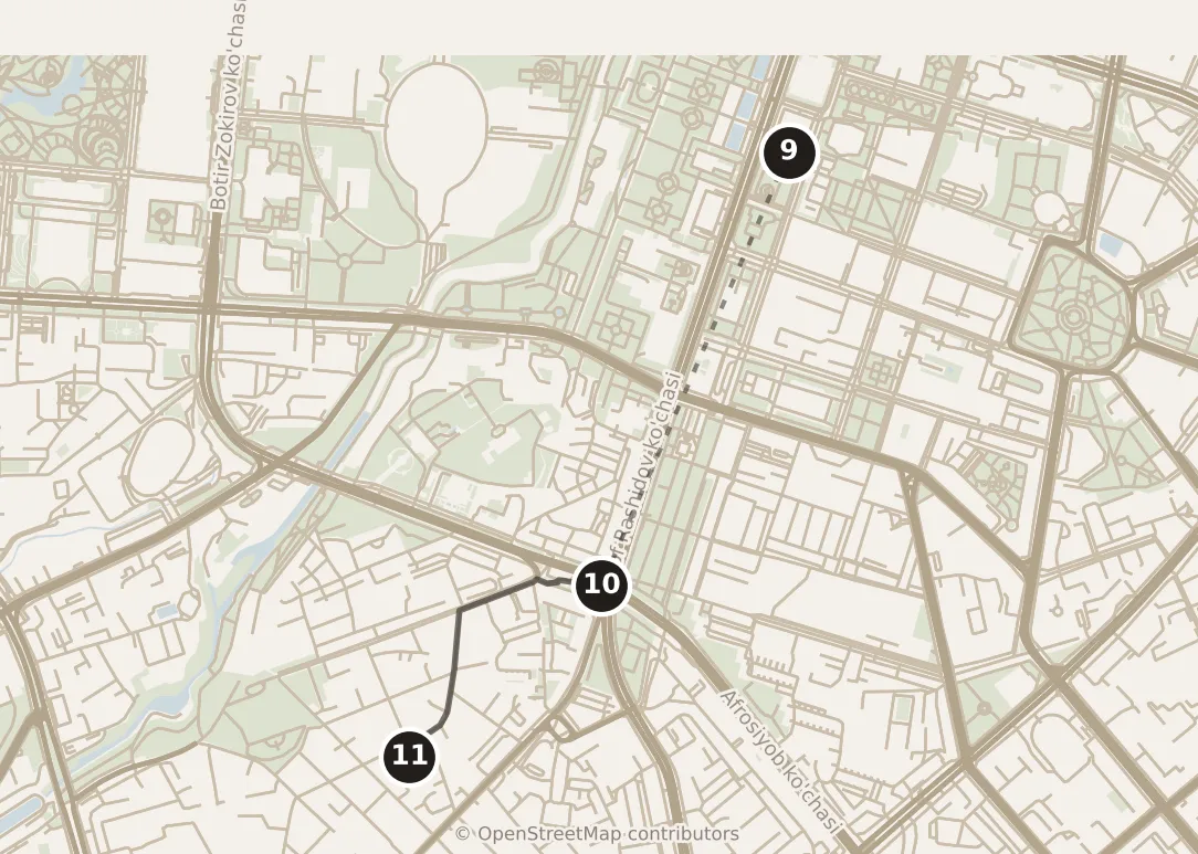 Map of Tashkent, afternoon: stops 9–11, numbered in walking order.
