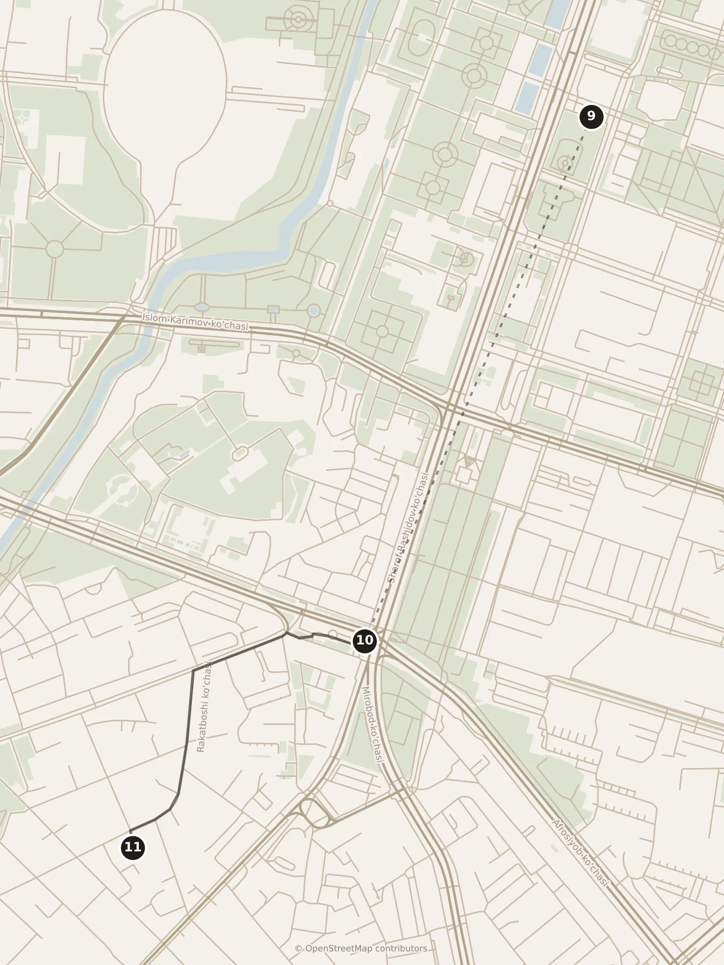 Map of Tashkent, afternoon: stops 9–11, numbered in walking order.